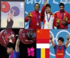 Подиум тяжёлая атлетика мужчины 69 кг, Цинфэн Линь (Китай), Triyatno Triyatno (Индонезия) и Константин Мартин (Румыния) - Лондон-2012 -